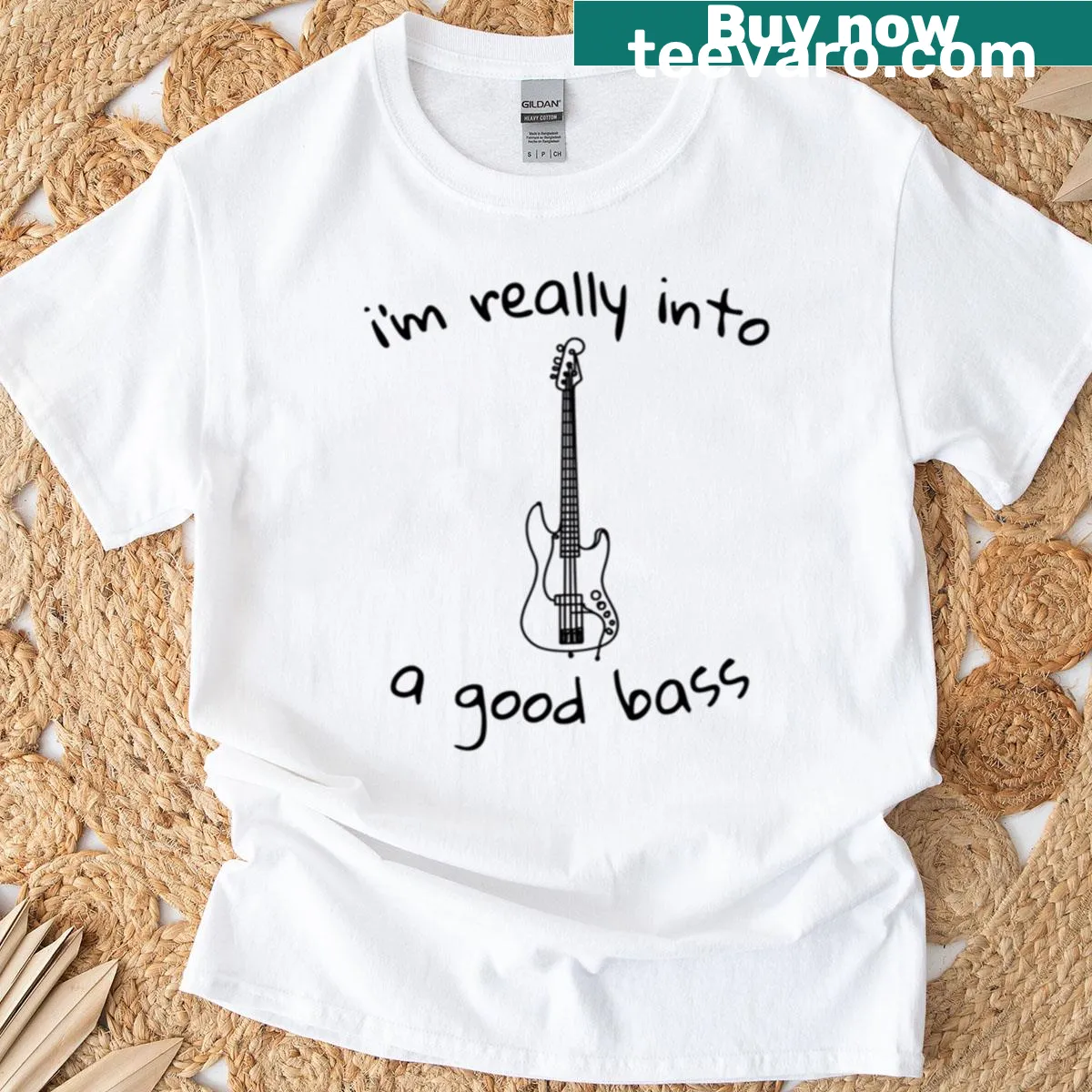 Illustration of a bass guitar on a t-shirt — on a men's t-shirt