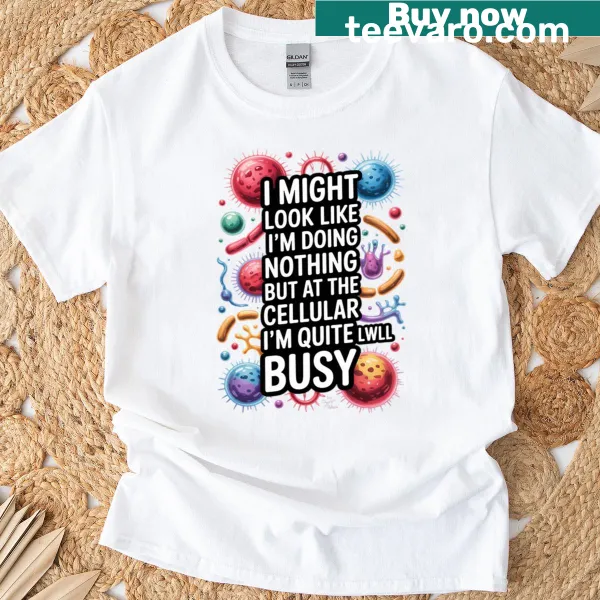 T-shirt featuring biology-themed graphics with molecules and cells