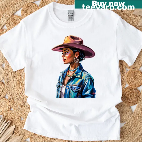 Illustrated black cowgirl painting on a Western themed t-shirt