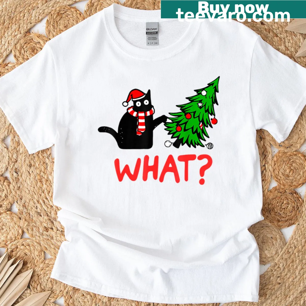 Christmas T-shirt with a cute cat and tree design — on a men's t-shirt