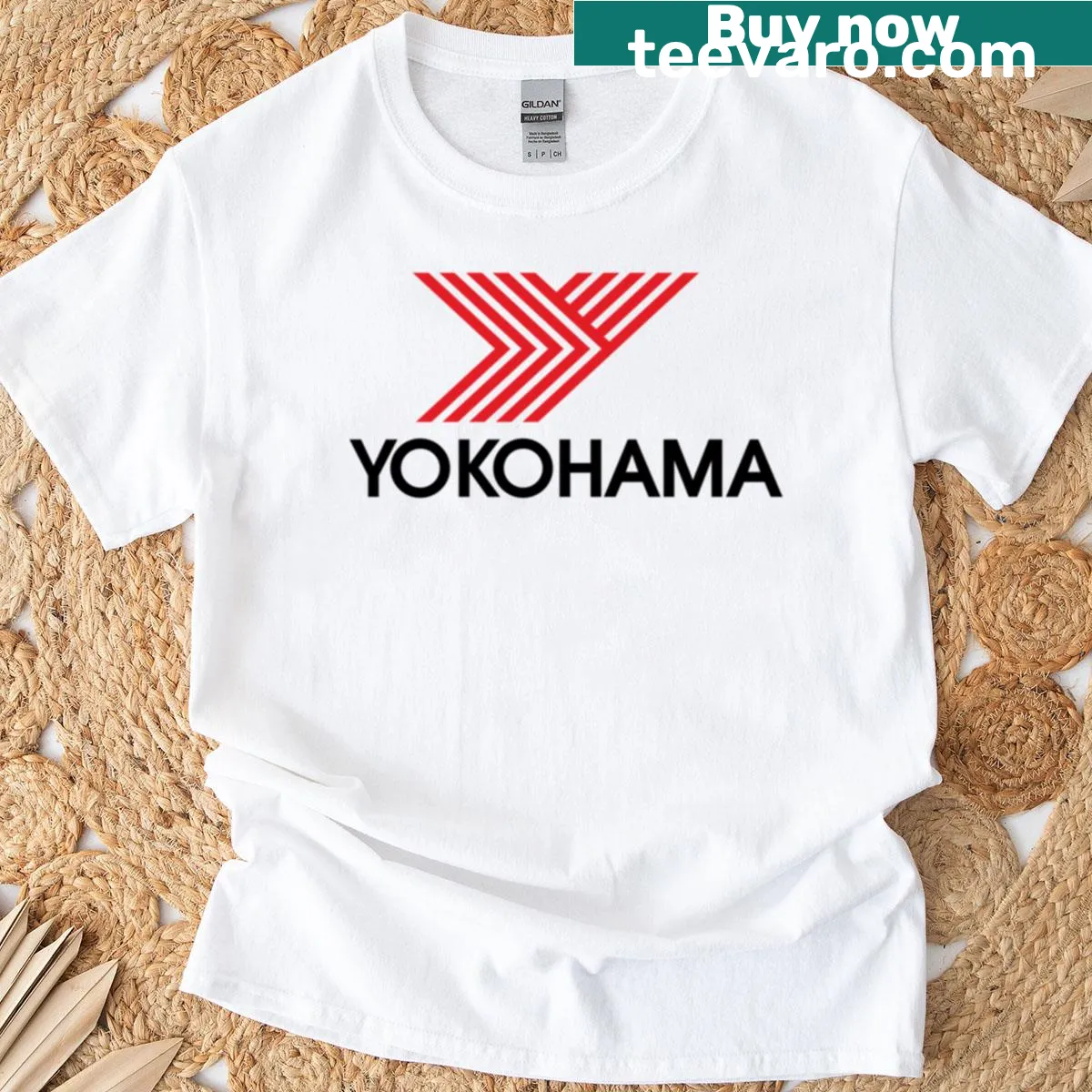 Graphic of Yokohama tires on a black t-shirt — on a men's t-shirt