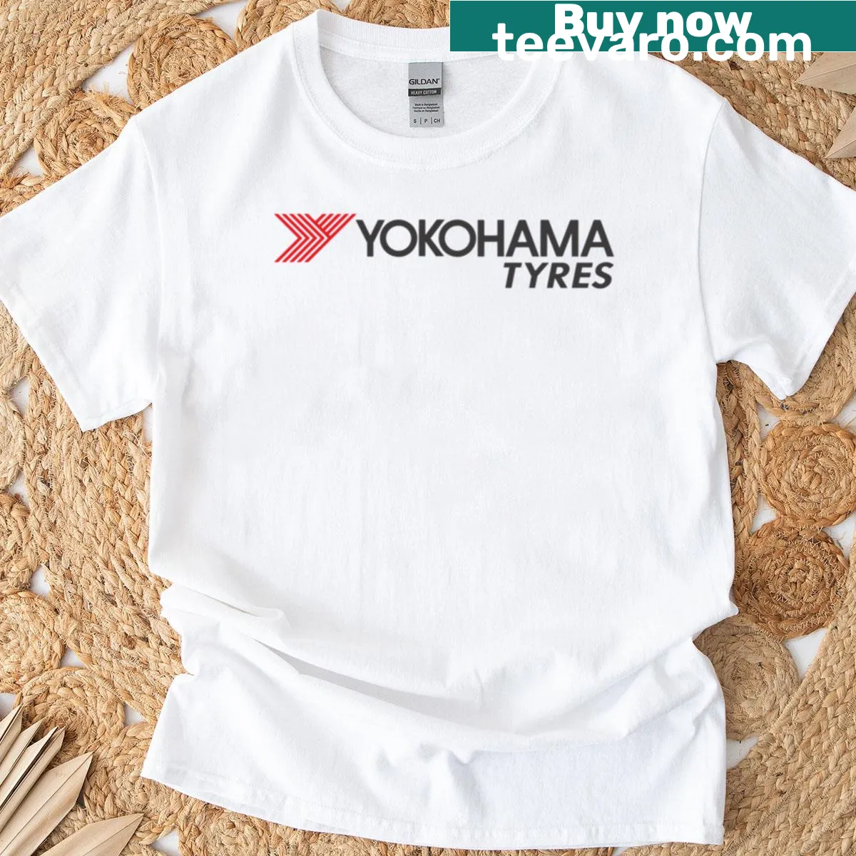 Yokohama Tires logo on a black t-shirt with red accents — on a men's t-shirt