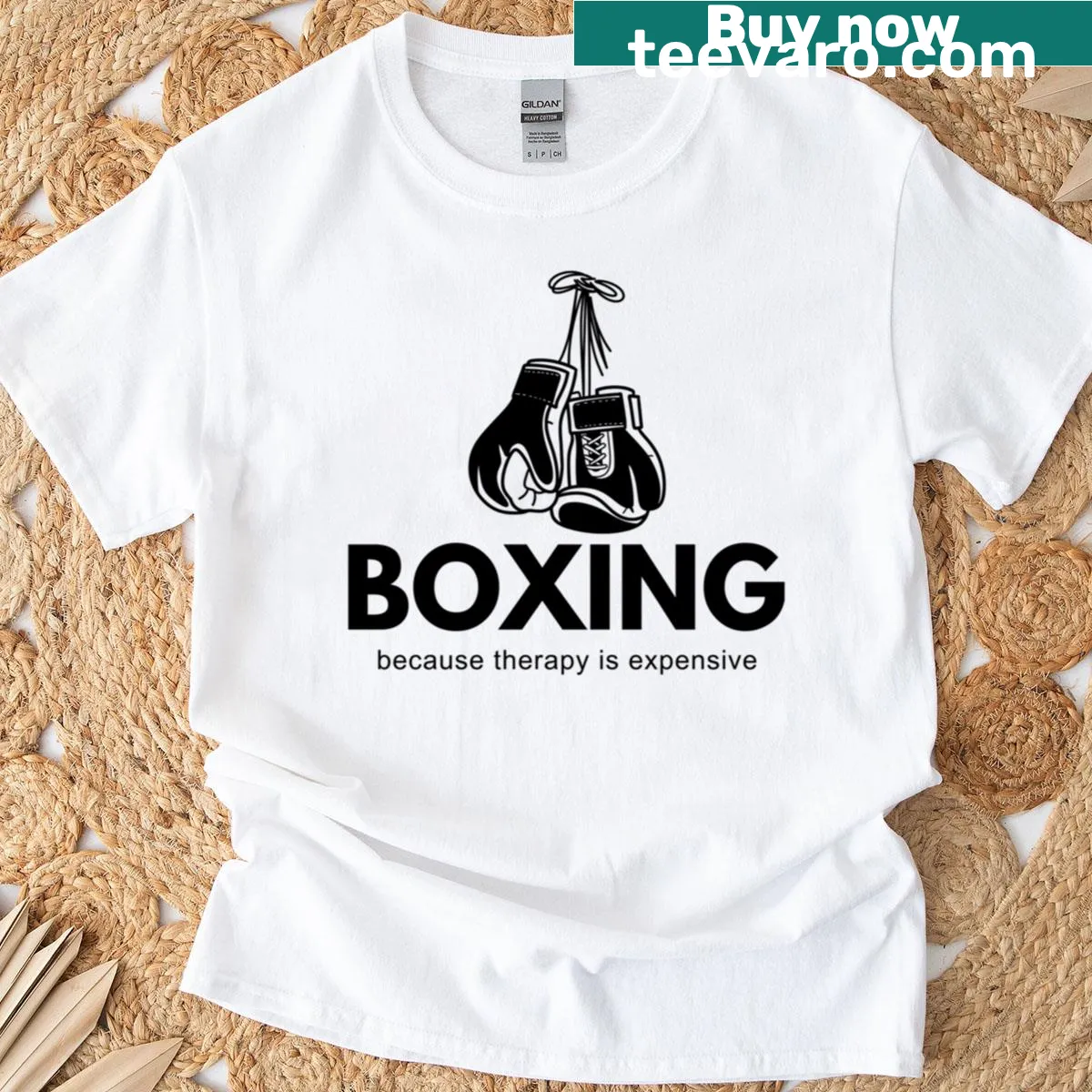 Witty boxing t-shirt with the phrase about therapy costs — on a men's t-shirt