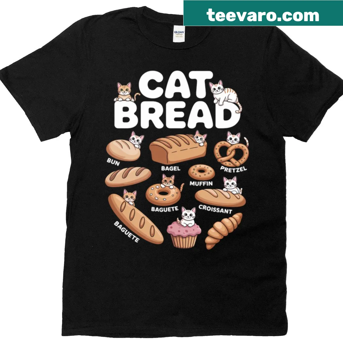 Illustrated t-shirt featuring a playful cat shaped like a loaf of bread. — on a men's t-shirt
