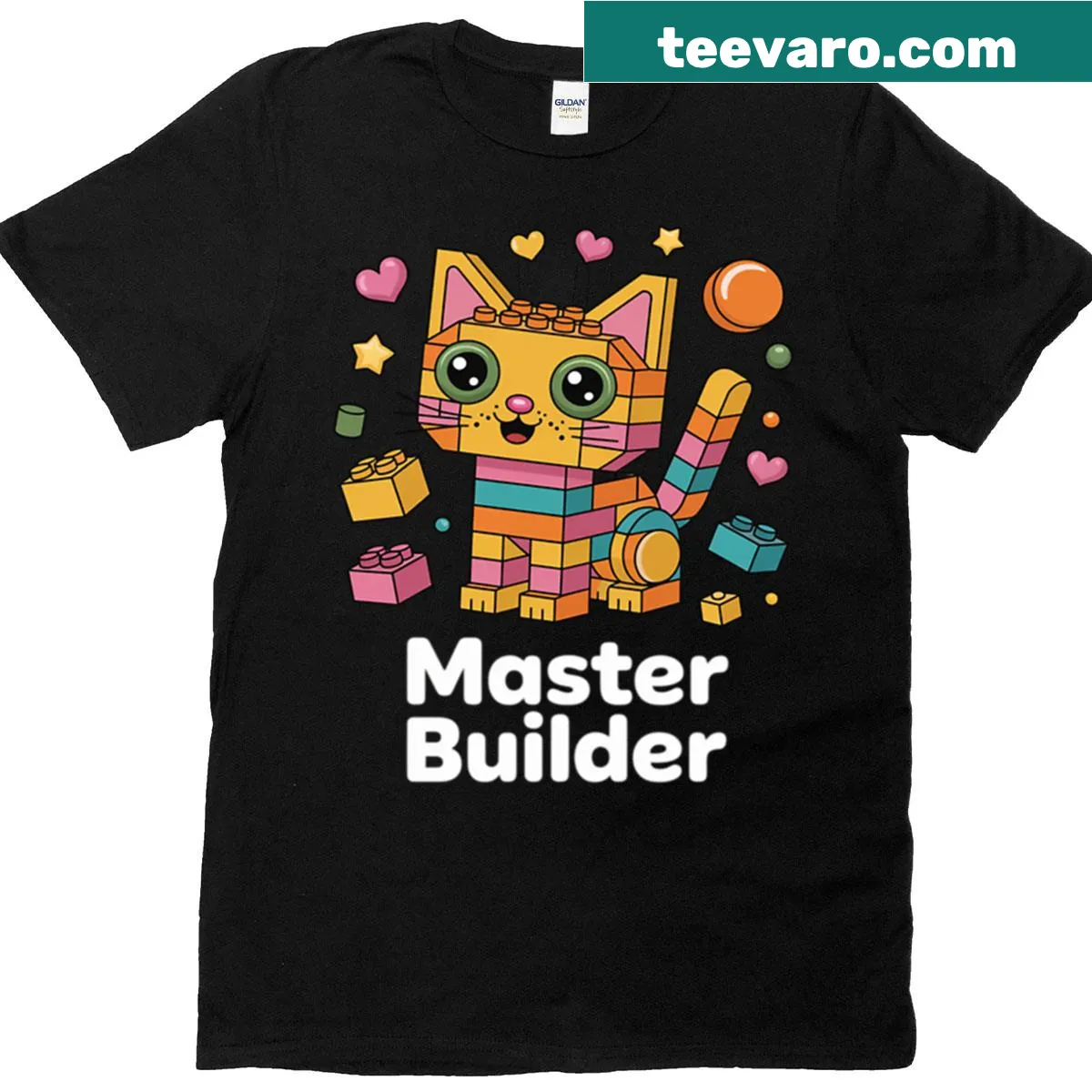 Cat playing with building blocks graphic on T-shirt — on a men's t-shirt