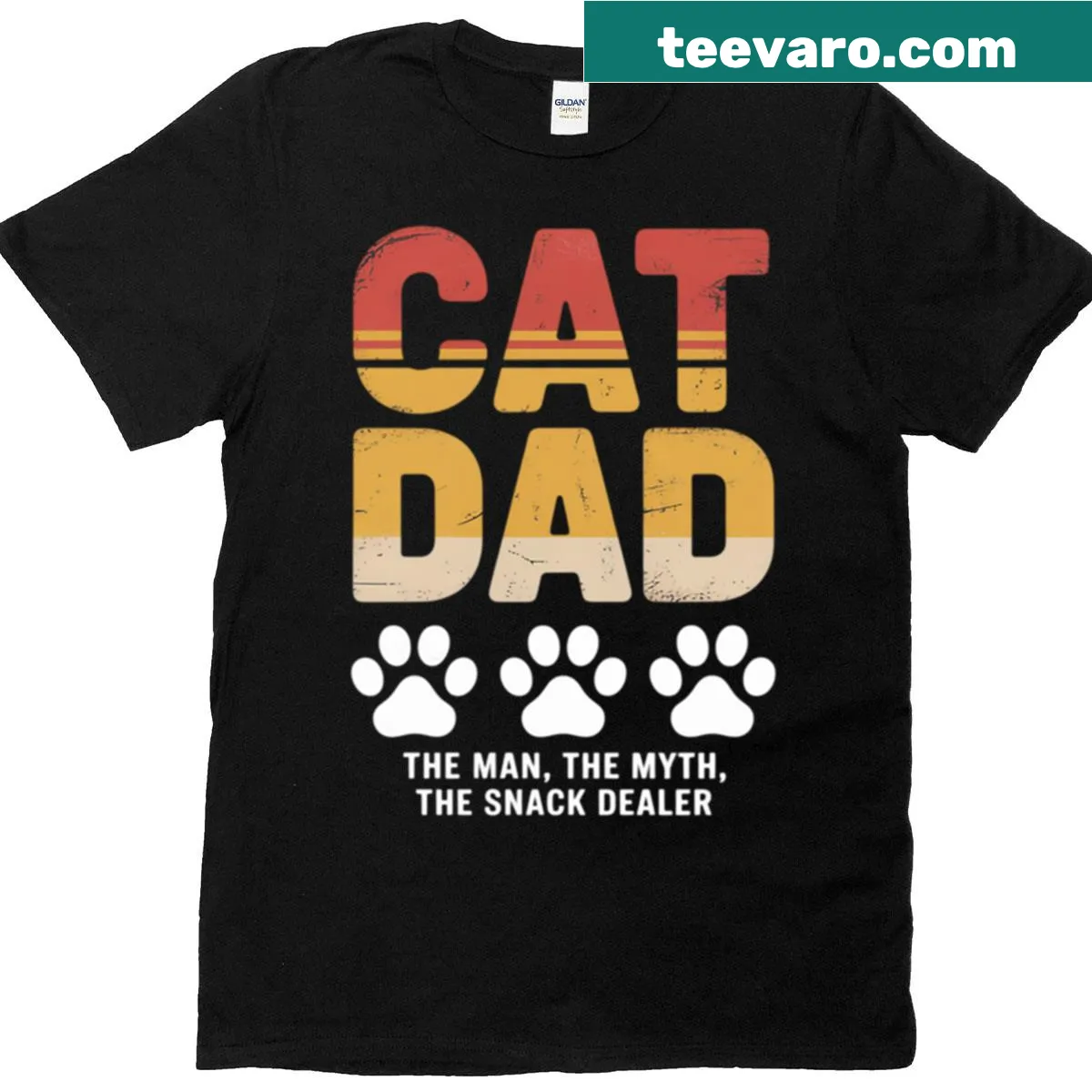 Funny Cat Dad T-shirt with text declaring him a snack dealer — on a men's t-shirt