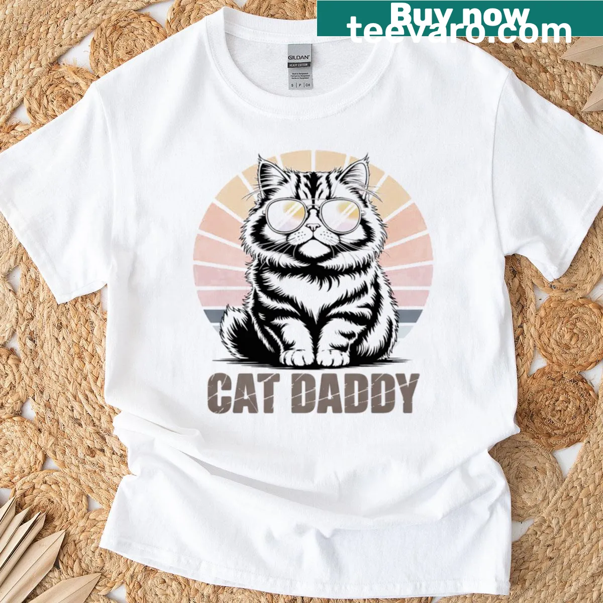 Father's Day T-shirt featuring 'Cat Daddy Cool' and a Maine Coon illustration — on a men's t-shirt