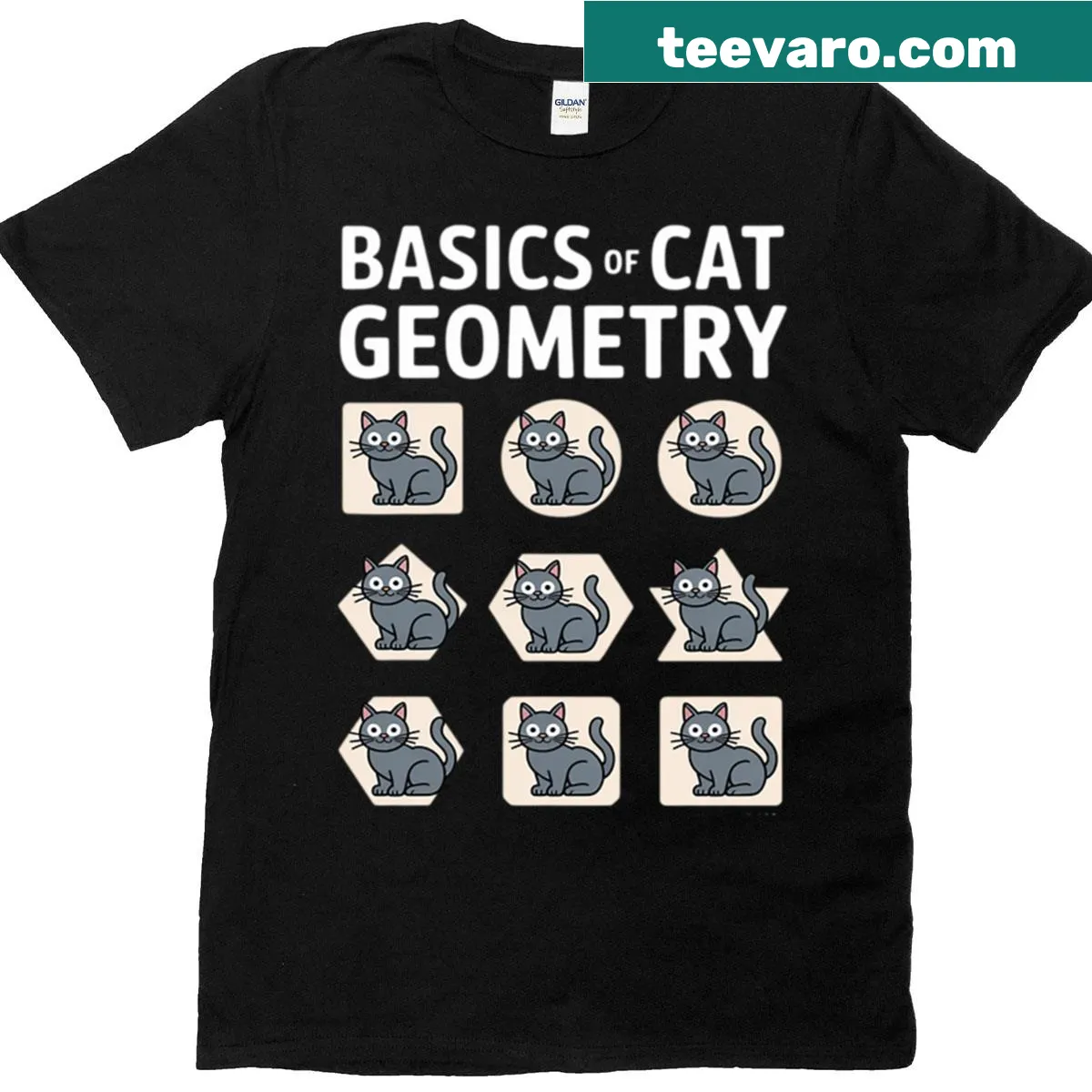 Whimsical cat-themed T-shirt with geometric designs and math symbols. — on a men's t-shirt