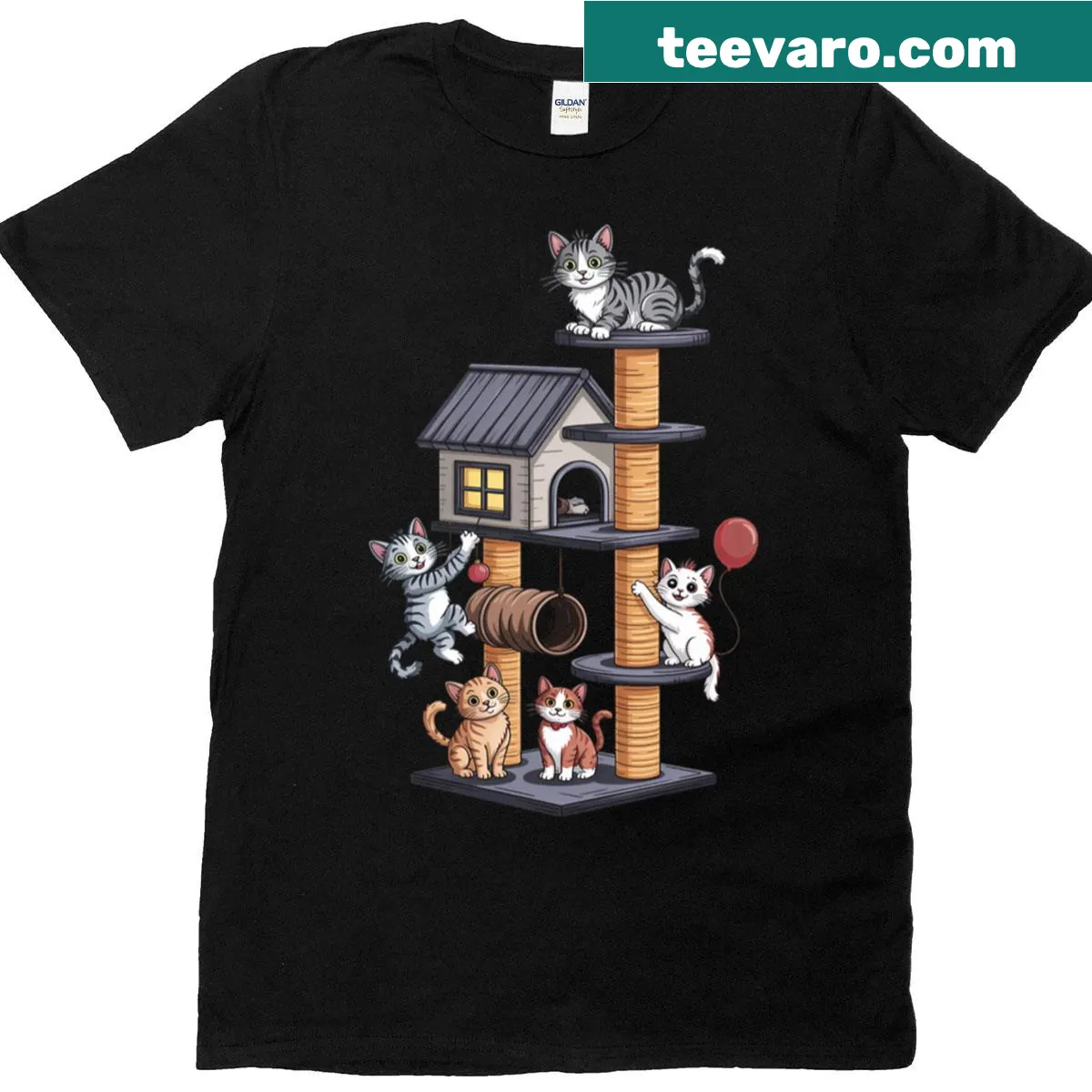 Cute Halloween-themed T-shirt featuring cats inspired by horror movies. — on a men's t-shirt