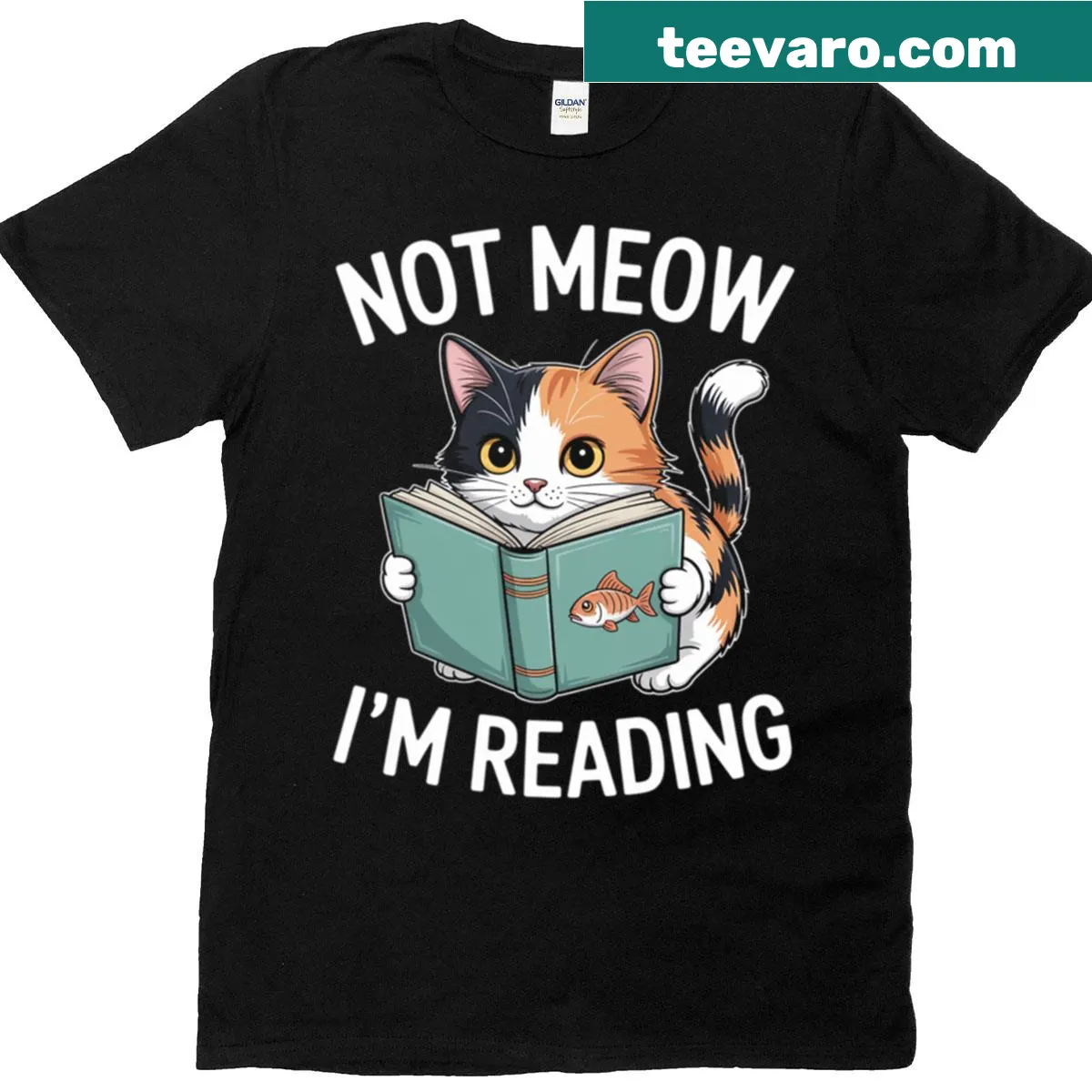 T-shirt with text 'Not Meow I'm Reading' and cat imagery — on a men's t-shirt