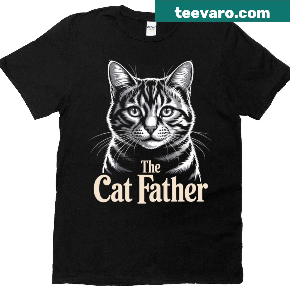 Funny T-shirt with 'The Catfather' text and cat silhouette — on a men's t-shirt