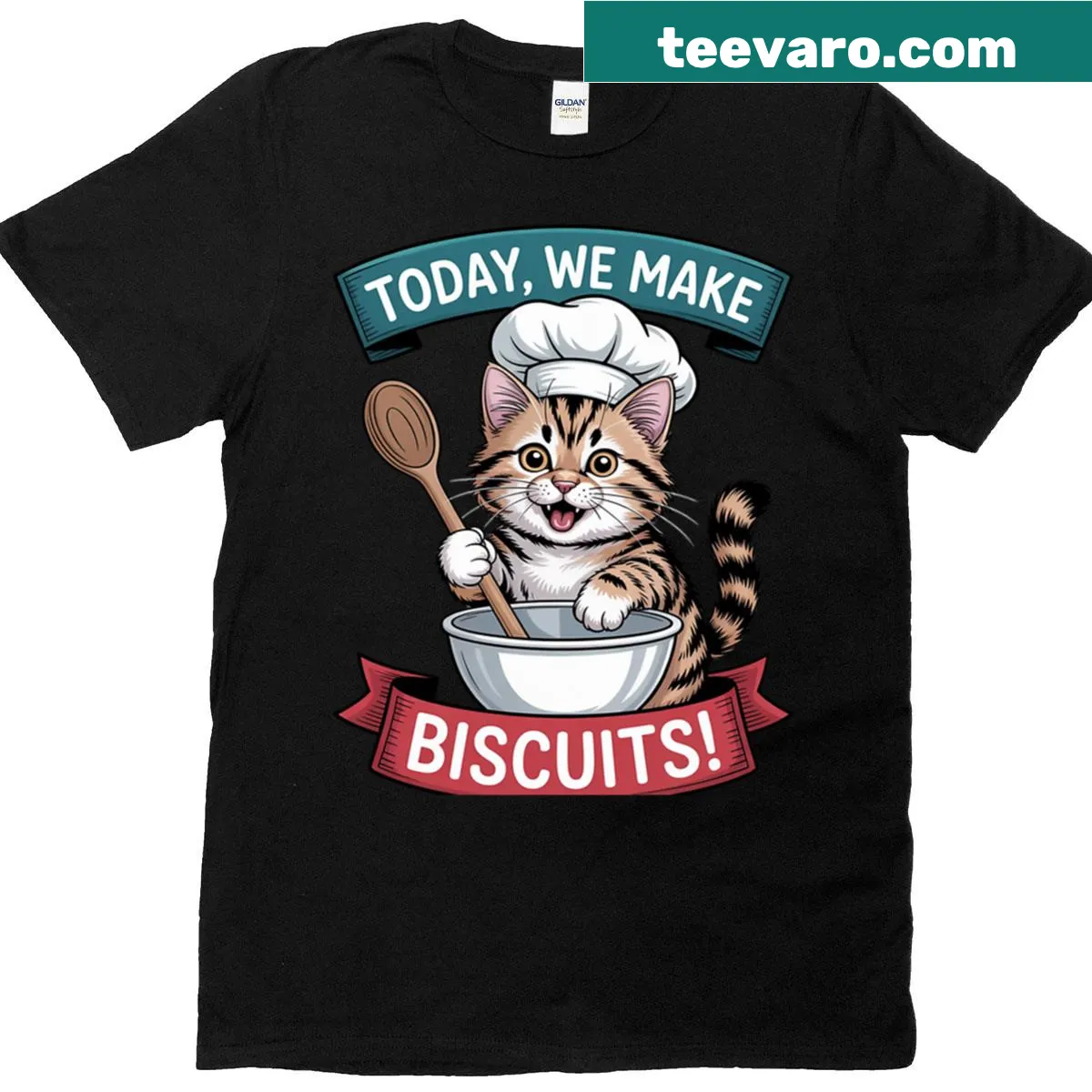 Playful T-shirt featuring a humorous cat baking design. — on a men's t-shirt