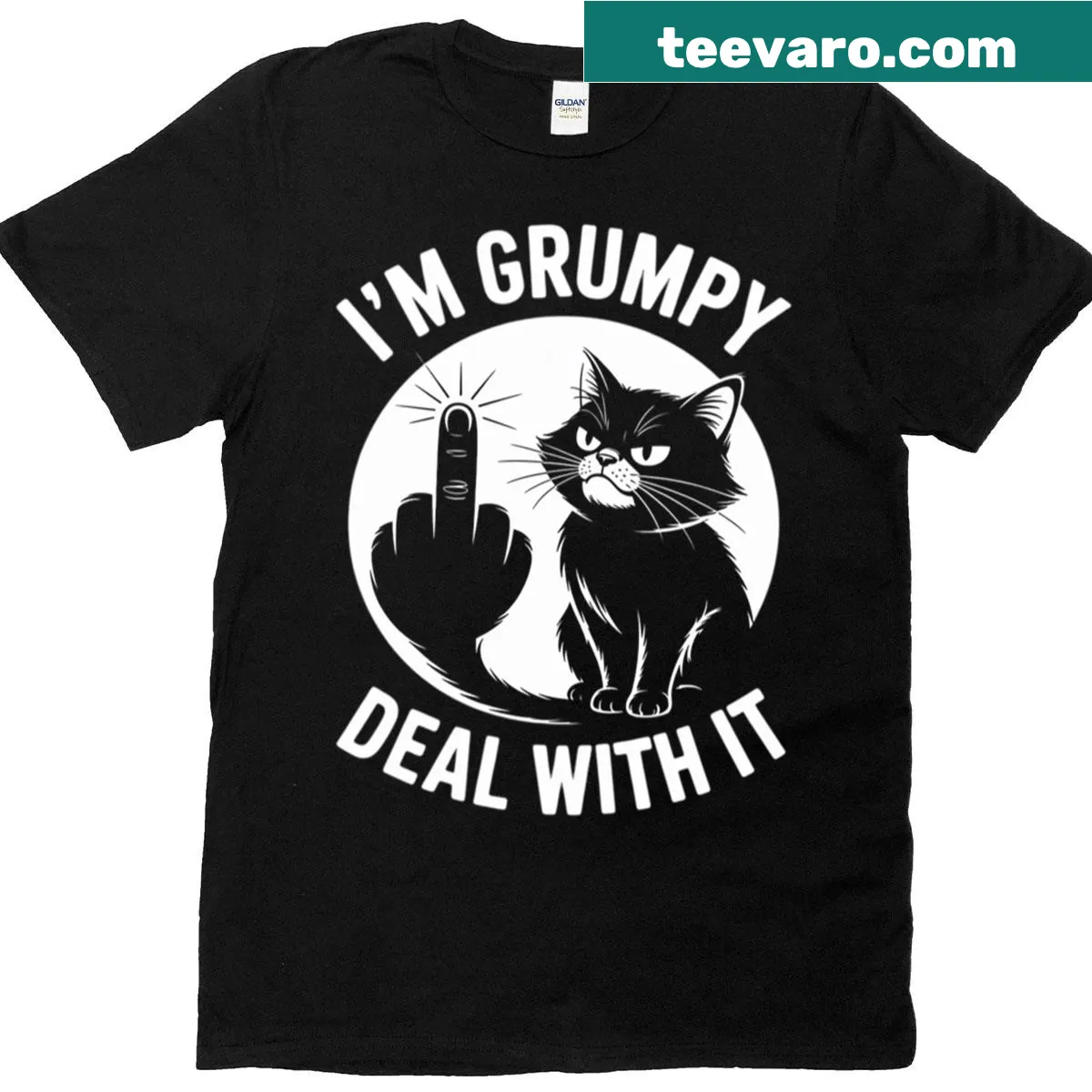 Bold design of a grumpy cat giving the middle finger — on a men's t-shirt