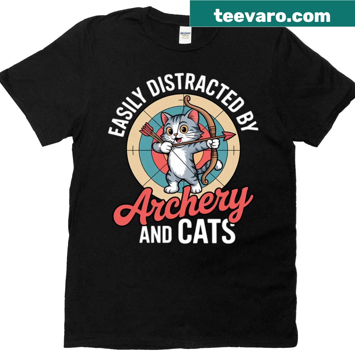 Funny cat parent T-shirt with archery and cat motifs — on a men's t-shirt