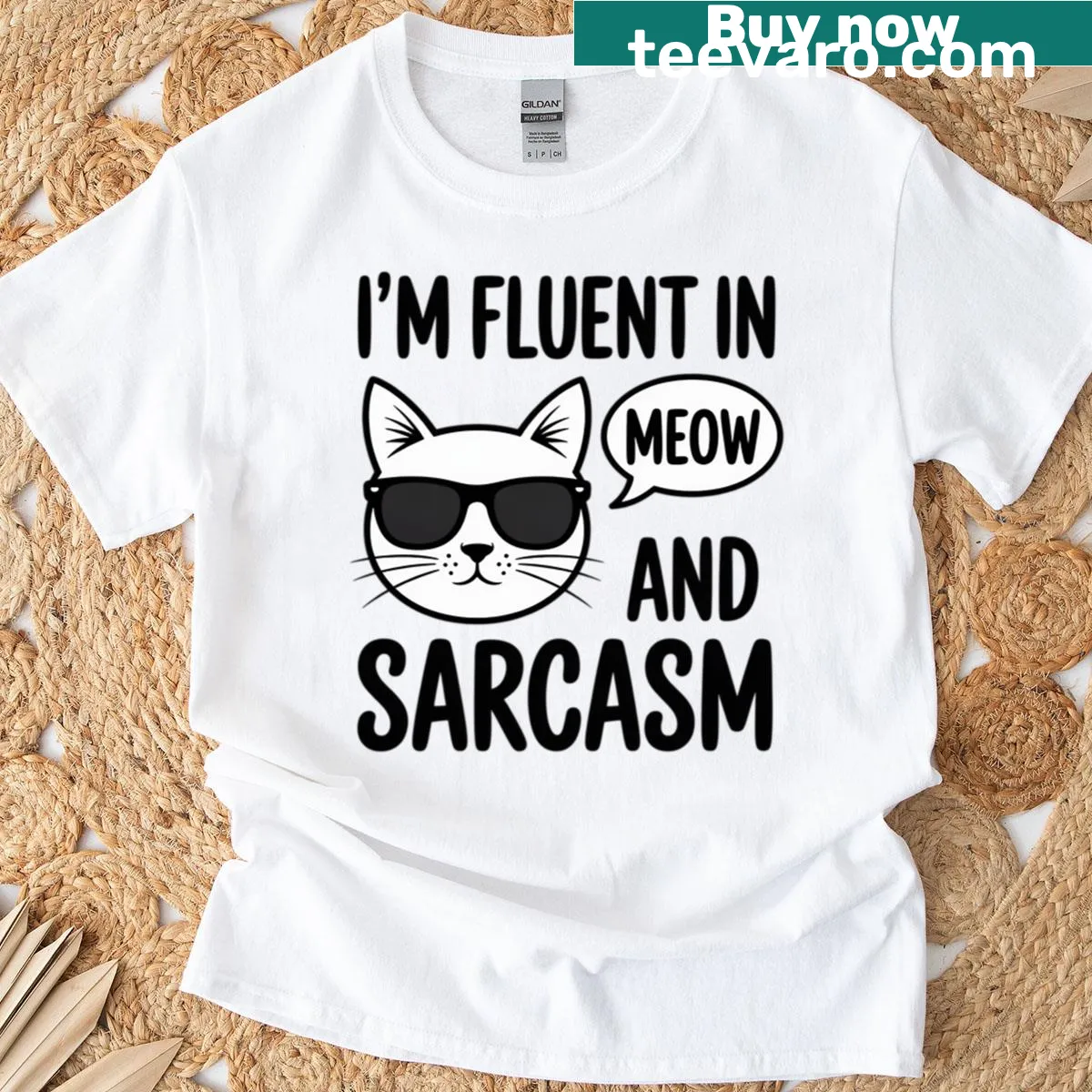 Funny cat-themed sayings in playful typography on a T-shirt — on a men's t-shirt