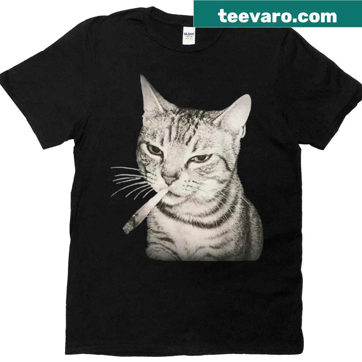Funny cat smoking meme graphic t-shirt — on a men's t-shirt