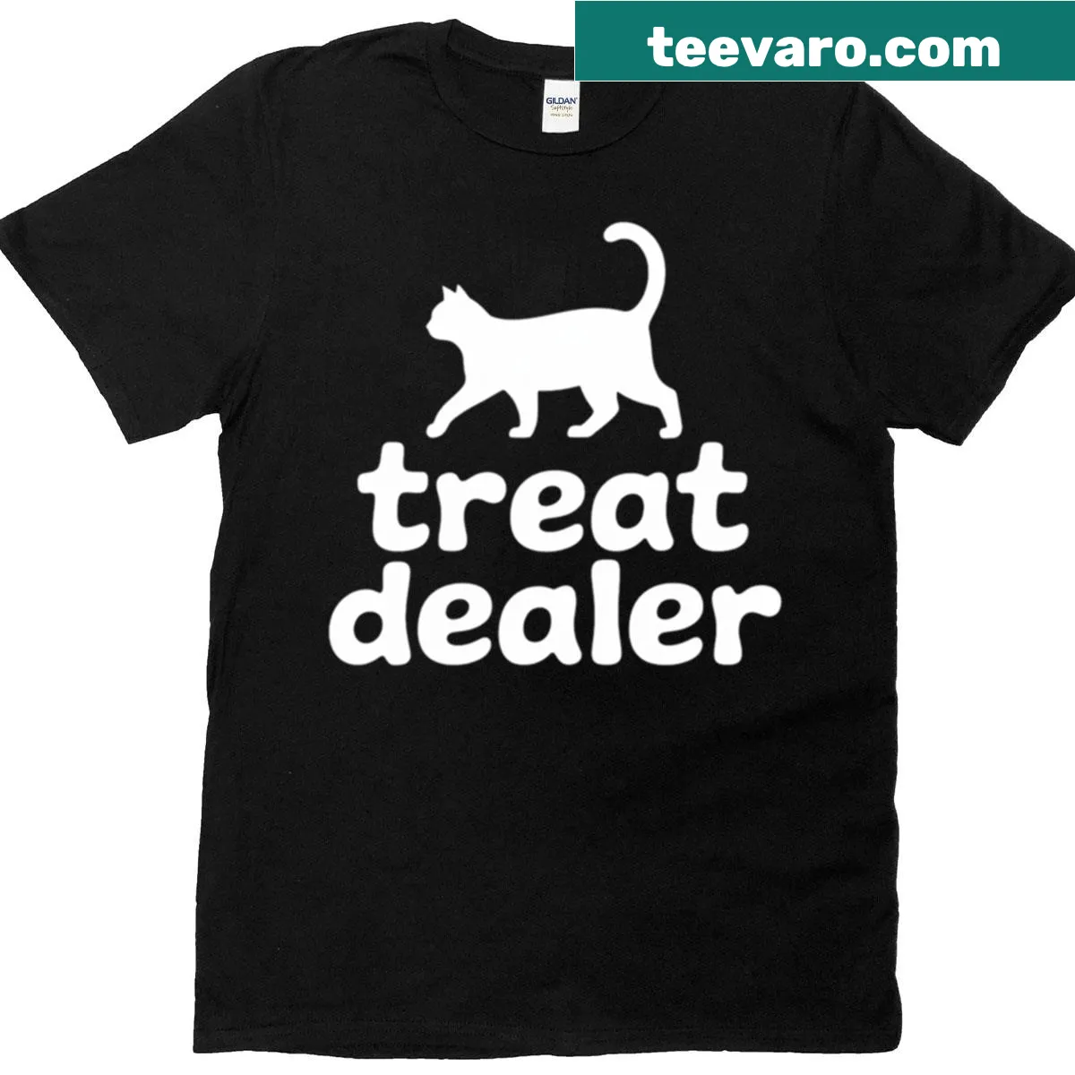 Humorous T-shirt for cat owners featuring treat illustrations — on a men's t-shirt