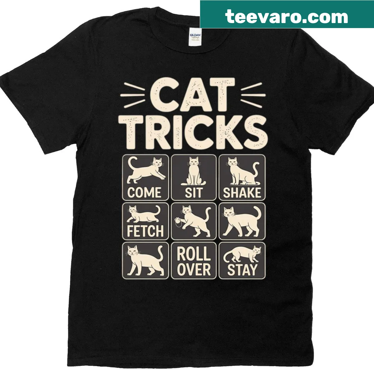 Illustrated t-shirt with playful cat tricks — on a men's t-shirt