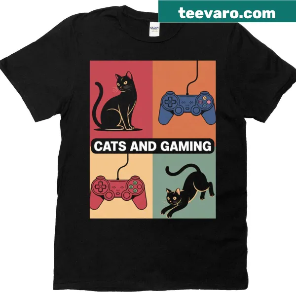 Funny T-shirt for cat-loving gamers with playful gaming and cat motifs