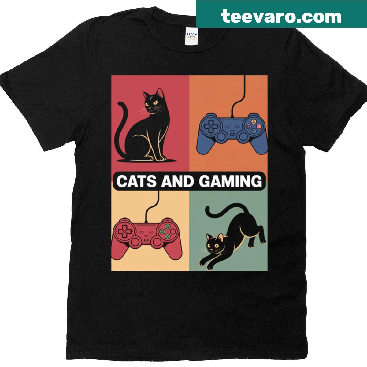 Funny T-shirt for cat-loving gamers with playful gaming and cat motifs — on a men's t-shirt