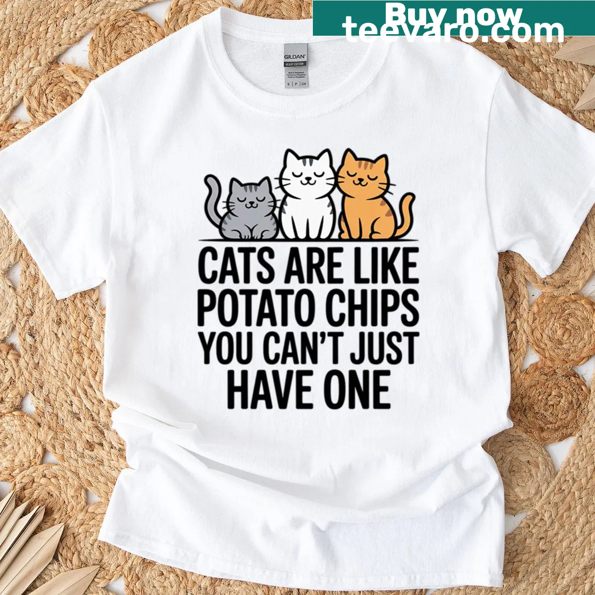 Funny cat-themed t-shirt with a potato chip analogy — on a men's t-shirt