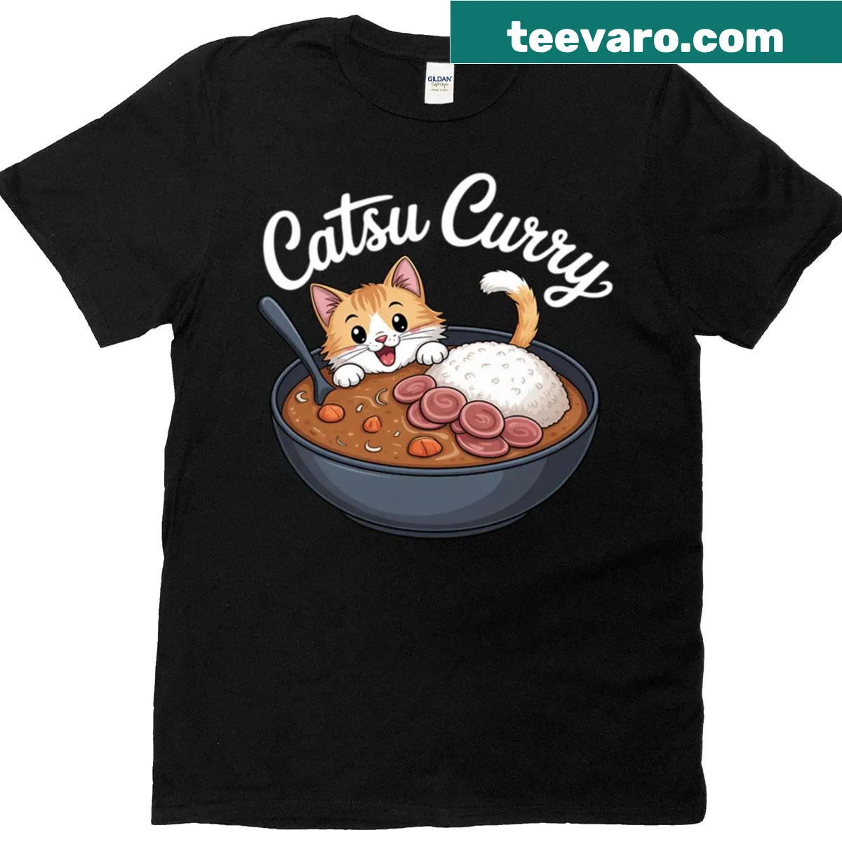 Kawaii T-shirt with an anime cat enjoying curry, featuring a cute pun — on a men's t-shirt