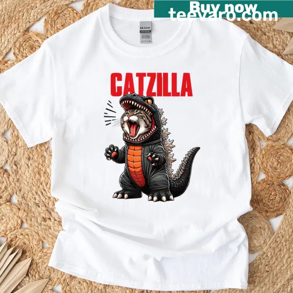 Cute cartoon cat illustration on a Catzilla t-shirt