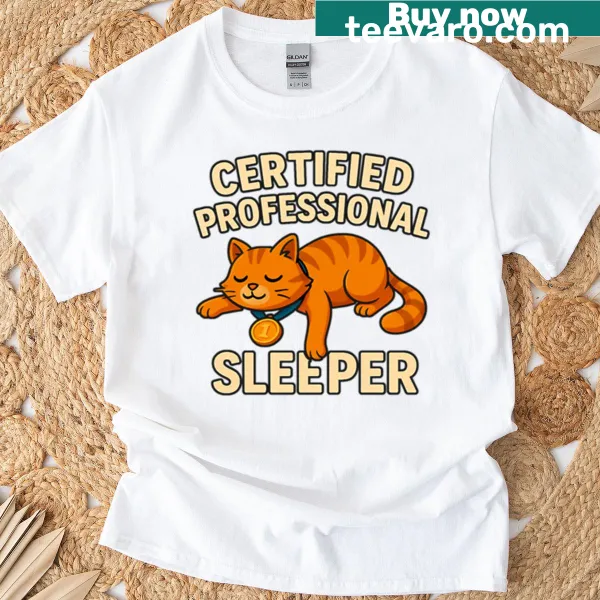 Cute illustration of a sleeping cat with text 'Certified Professional Sleeper'