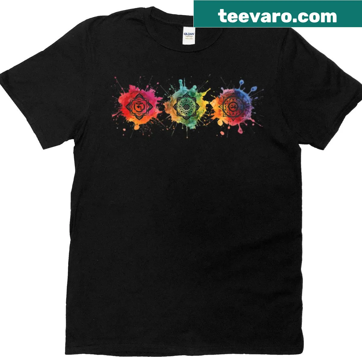 Illustrated Chakra Symbols graphic on a T-shirt — on a men's t-shirt
