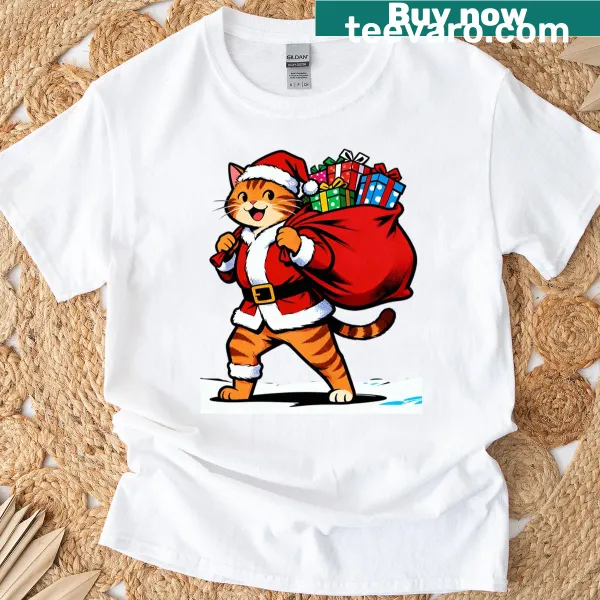 Adorable design of a cat as Santa with a gift sack for Christmas T-shirt