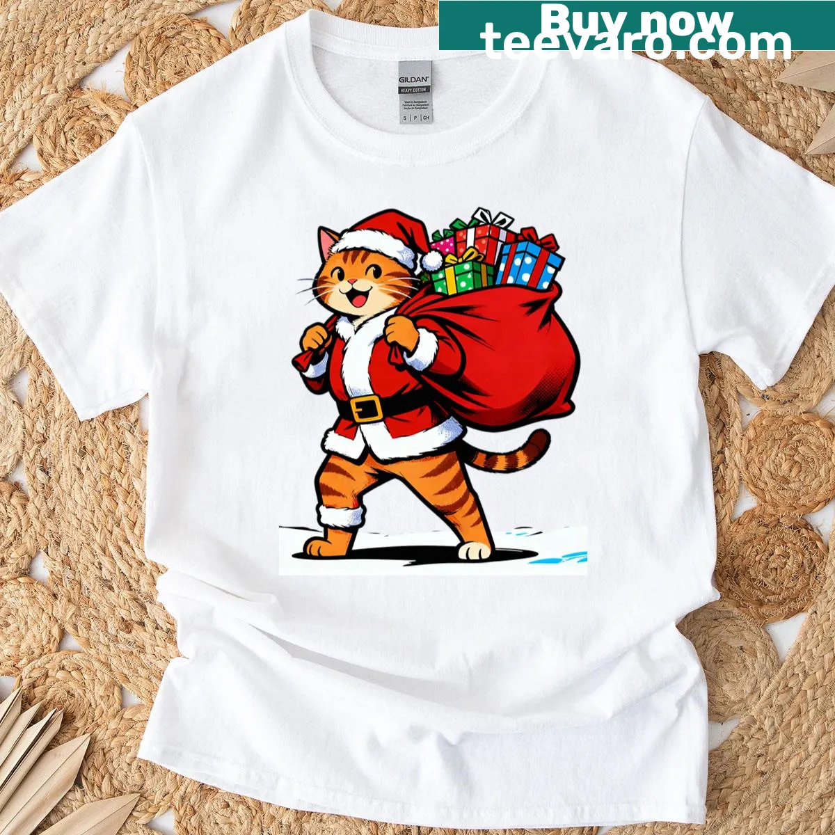 Adorable design of a cat as Santa with a gift sack for Christmas T-shirt — on a men's t-shirt