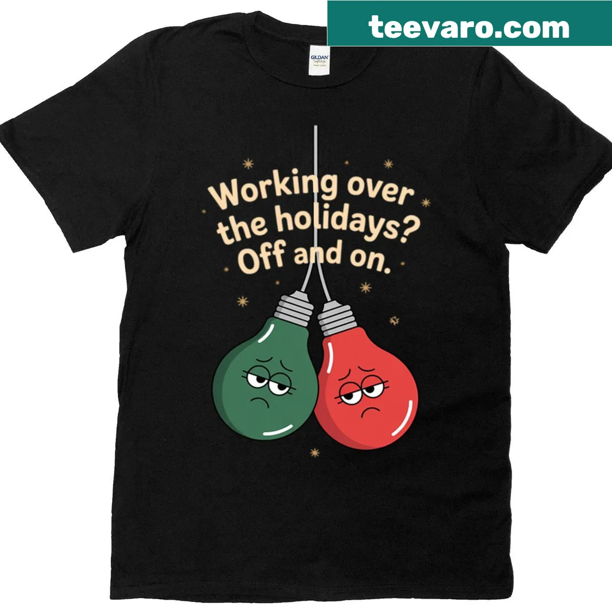 Funny Christmas T-shirt featuring a light bulb dad joke design. — on a men's t-shirt