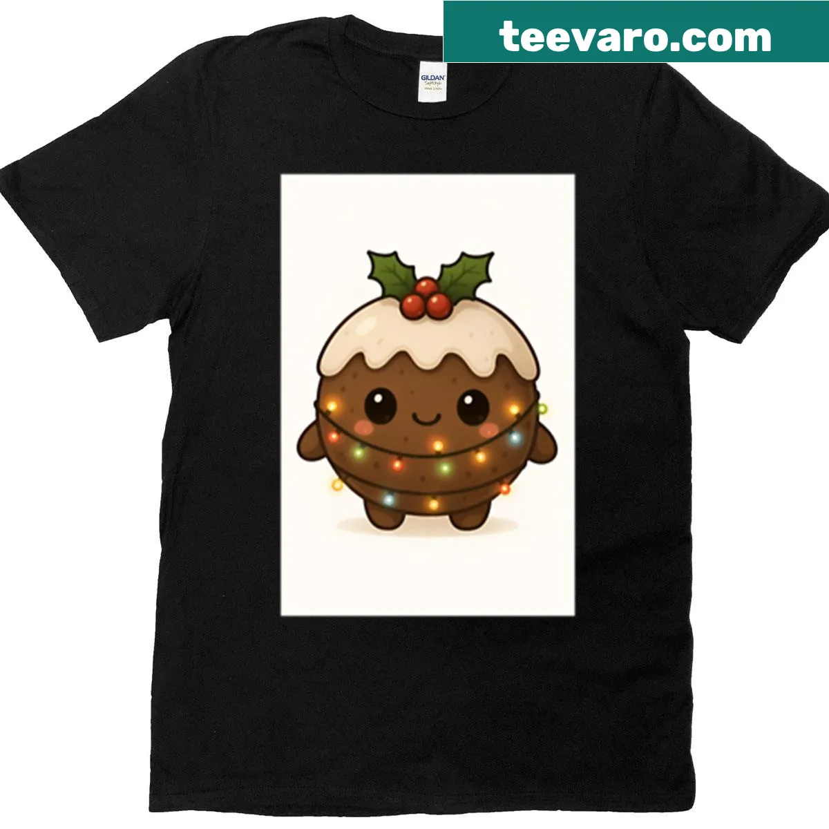 Cute chibi Christmas pudding graphic T-shirt — on a men's t-shirt