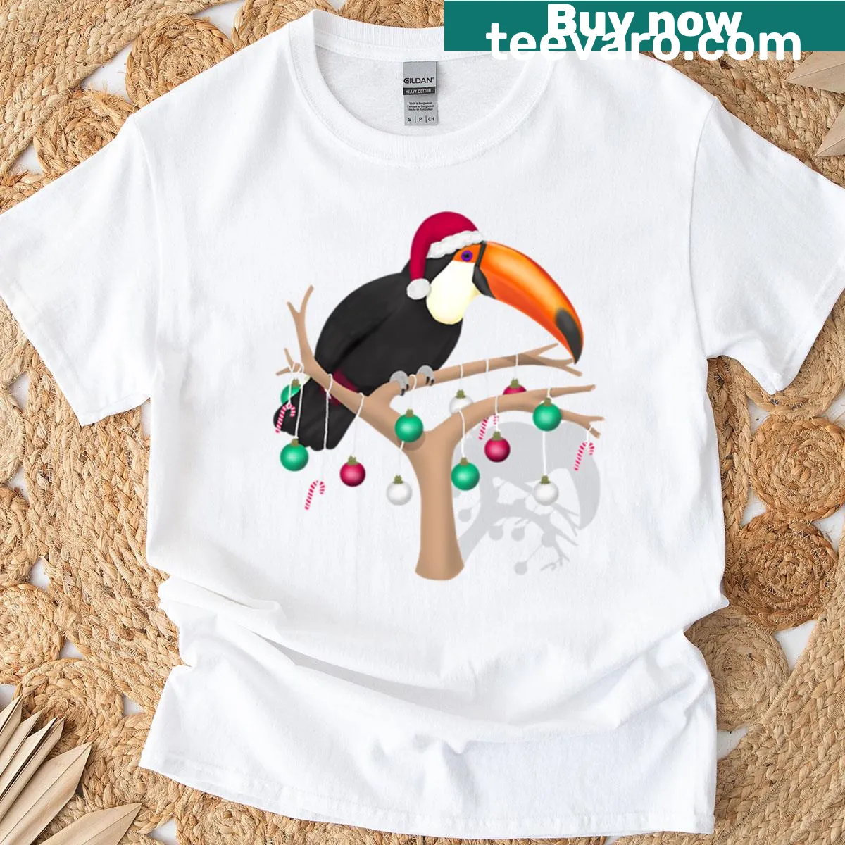 Cartoon Christmas toucan T-shirt — on a men's t-shirt