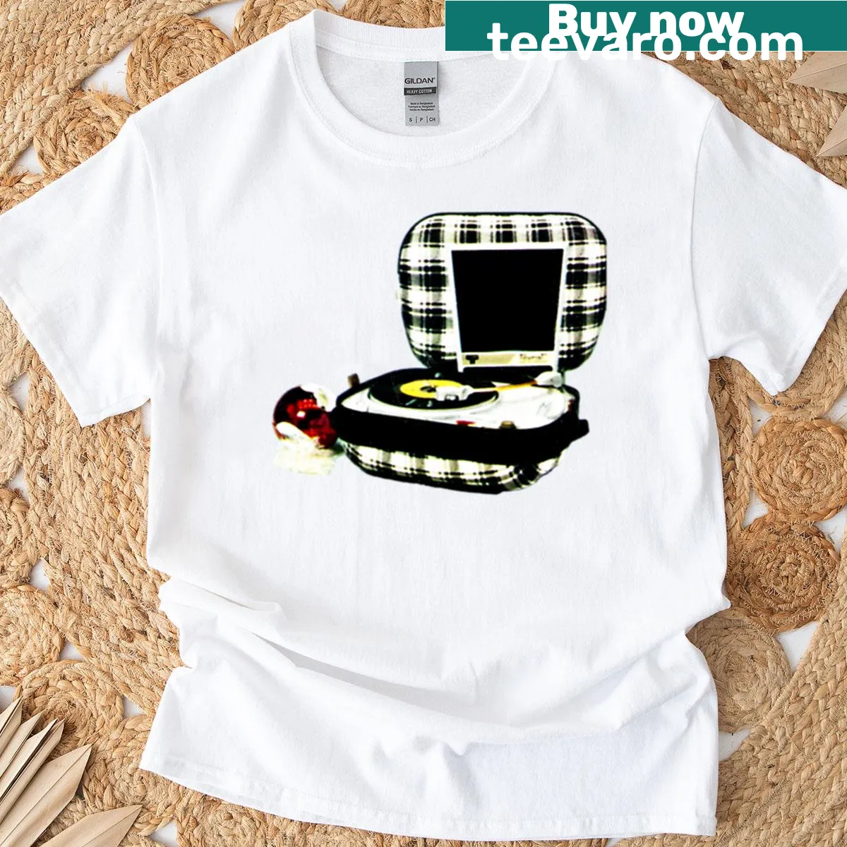 Retro 1960s turntable design on a Christmas T-shirt — on a men's t-shirt