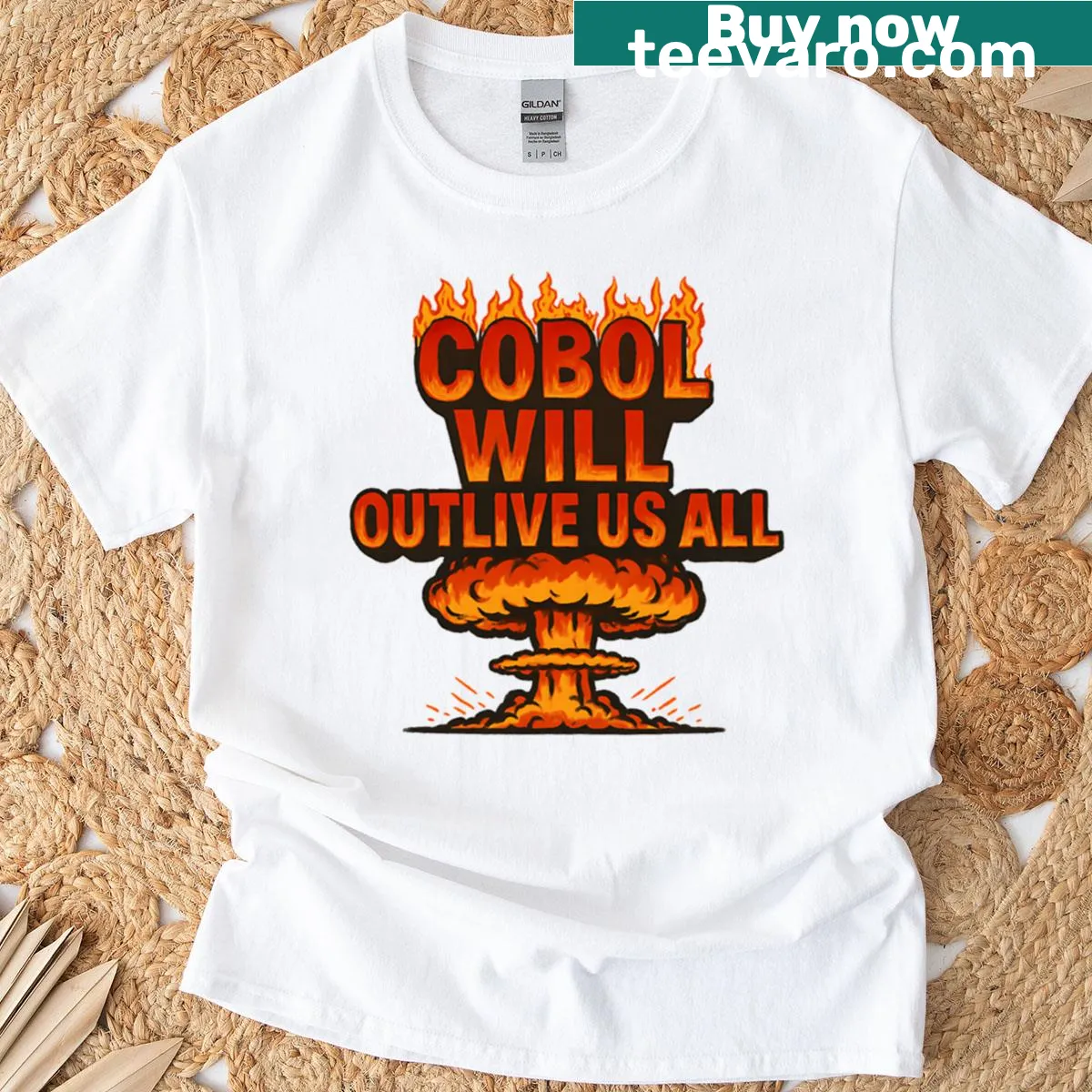 Edgy typography t-shirt featuring a COBOL tech meme — on a men's t-shirt