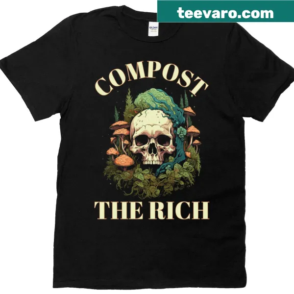 Mushroom skull graphic on Compost The Rich T-shirt
