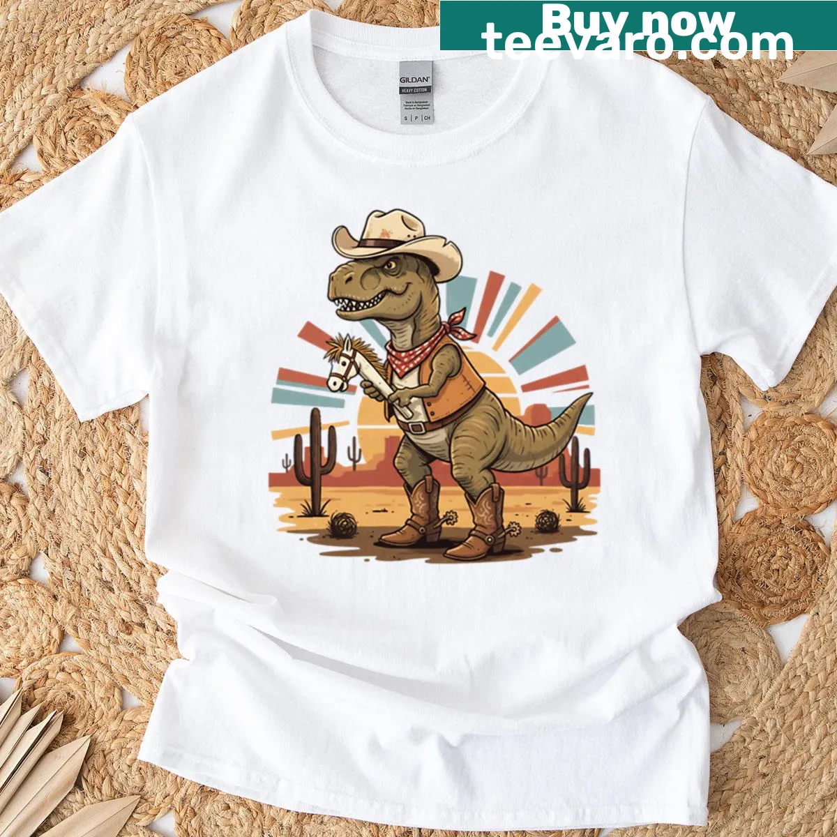 Cartoon T-rex cowboy riding a toy horse T-shirt — on a men's t-shirt