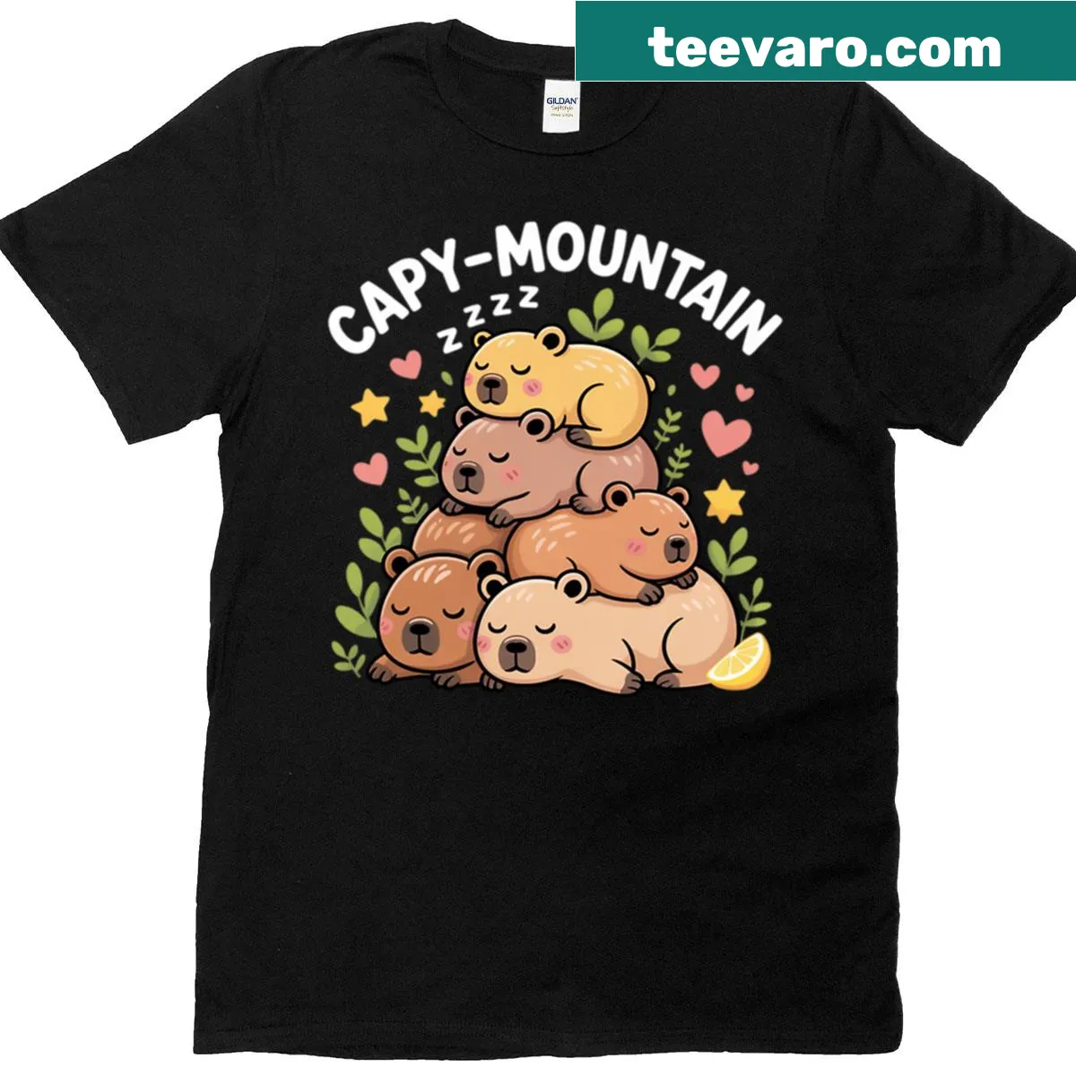 Cute capybara design on a mountain T-shirt — on a men's t-shirt