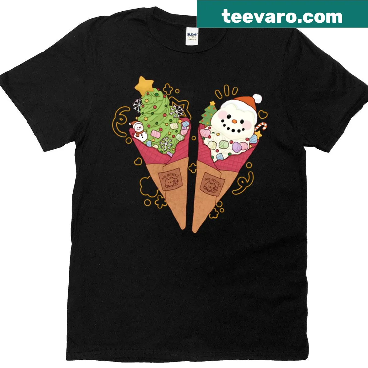Cute illustrated ice cream cone with festive holiday decorations — on a men's t-shirt