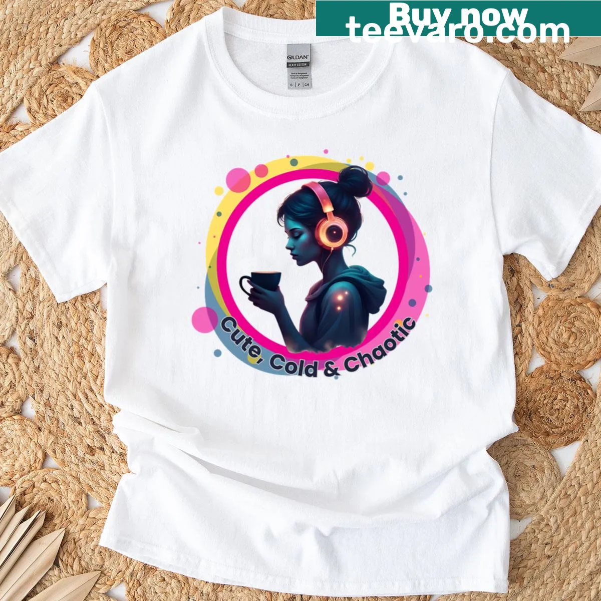 Cute girl wearing headphones illustration on cozy aesthetic T-shirt — on a men's t-shirt