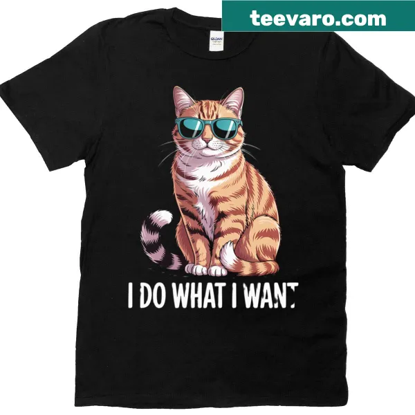 Cartoon T-shirt featuring an orange tabby cat in sunglasses with text 'Do What I Want'