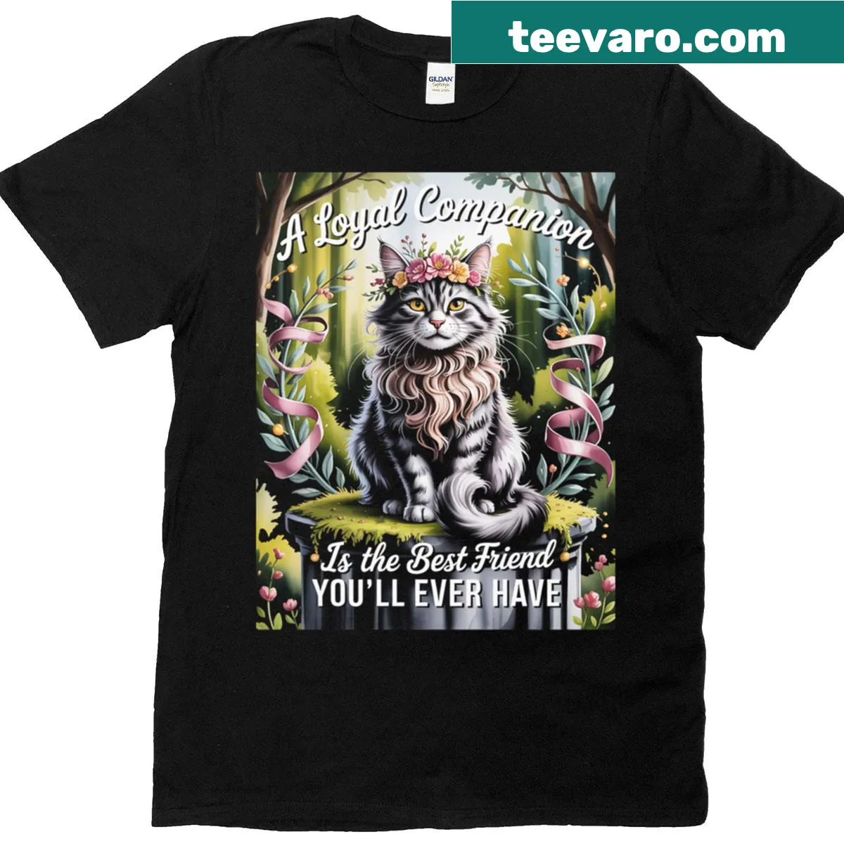 Illustration of a cute cat with a flower crown on T-shirt — on a men's t-shirt