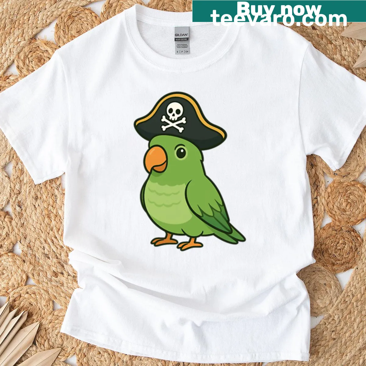 Quaker parrot in a pirate hat T-shirt — on a men's t-shirt