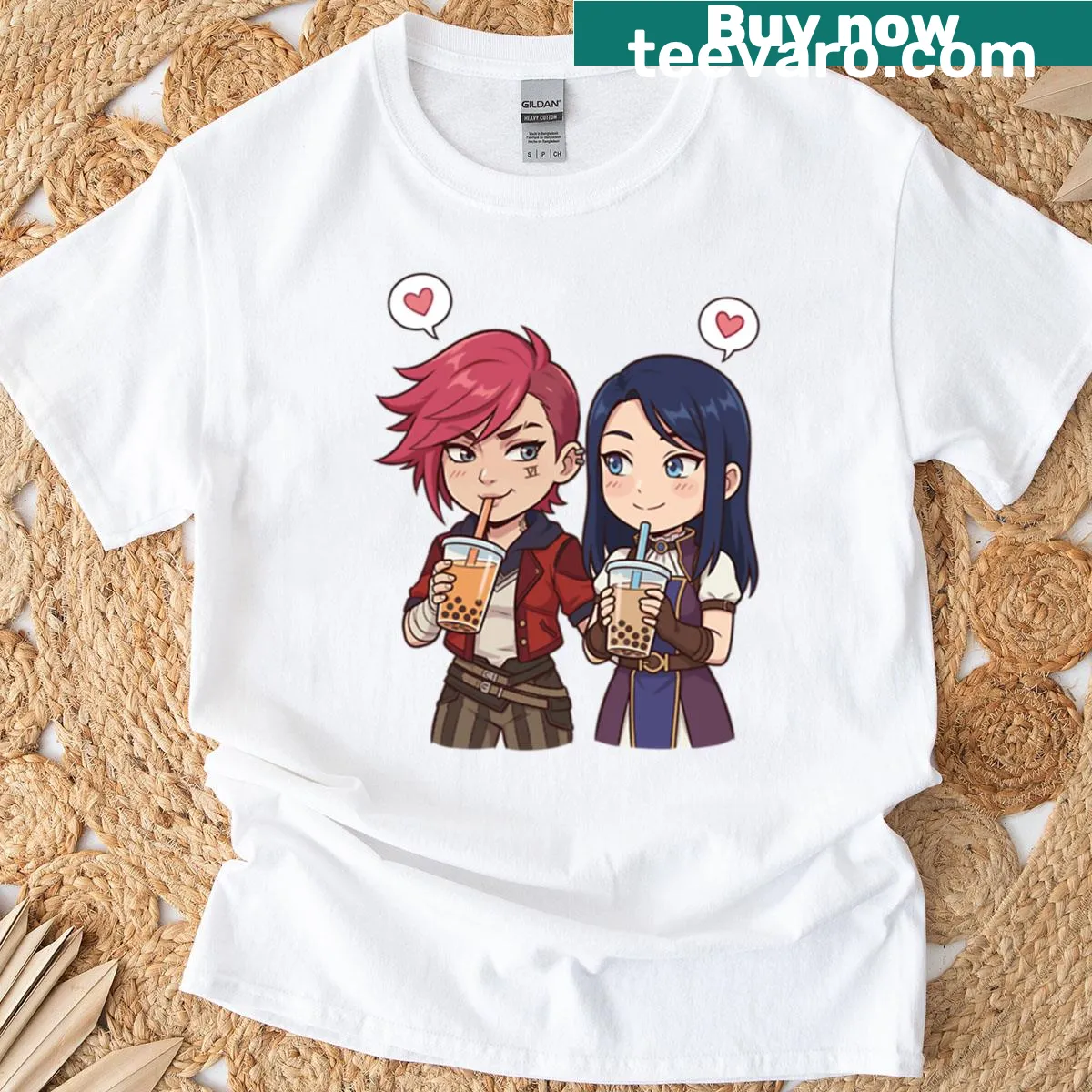 Cute illustration of Vi and Caitlyn from Arcane enjoying boba tea — on a men's t-shirt