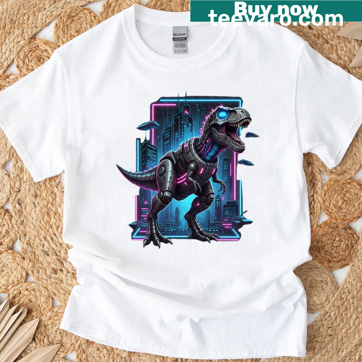 Futuristic robotic T-rex design on a T-shirt — on a men's t-shirt