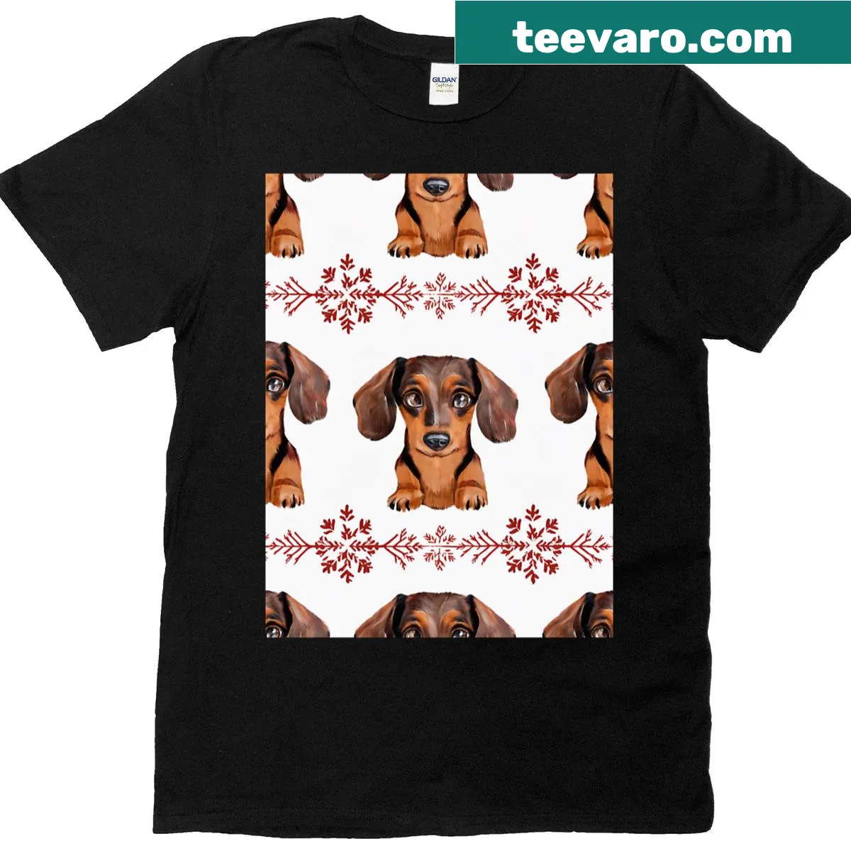 Dachshund Christmas pattern t-shirt featuring festive dogs in holiday attire — on a men's t-shirt