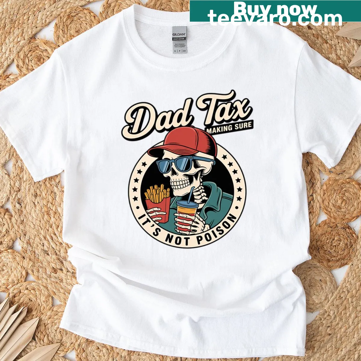 Funny skeleton Dad Tax T-shirt with humorous graphic — on a men's t-shirt