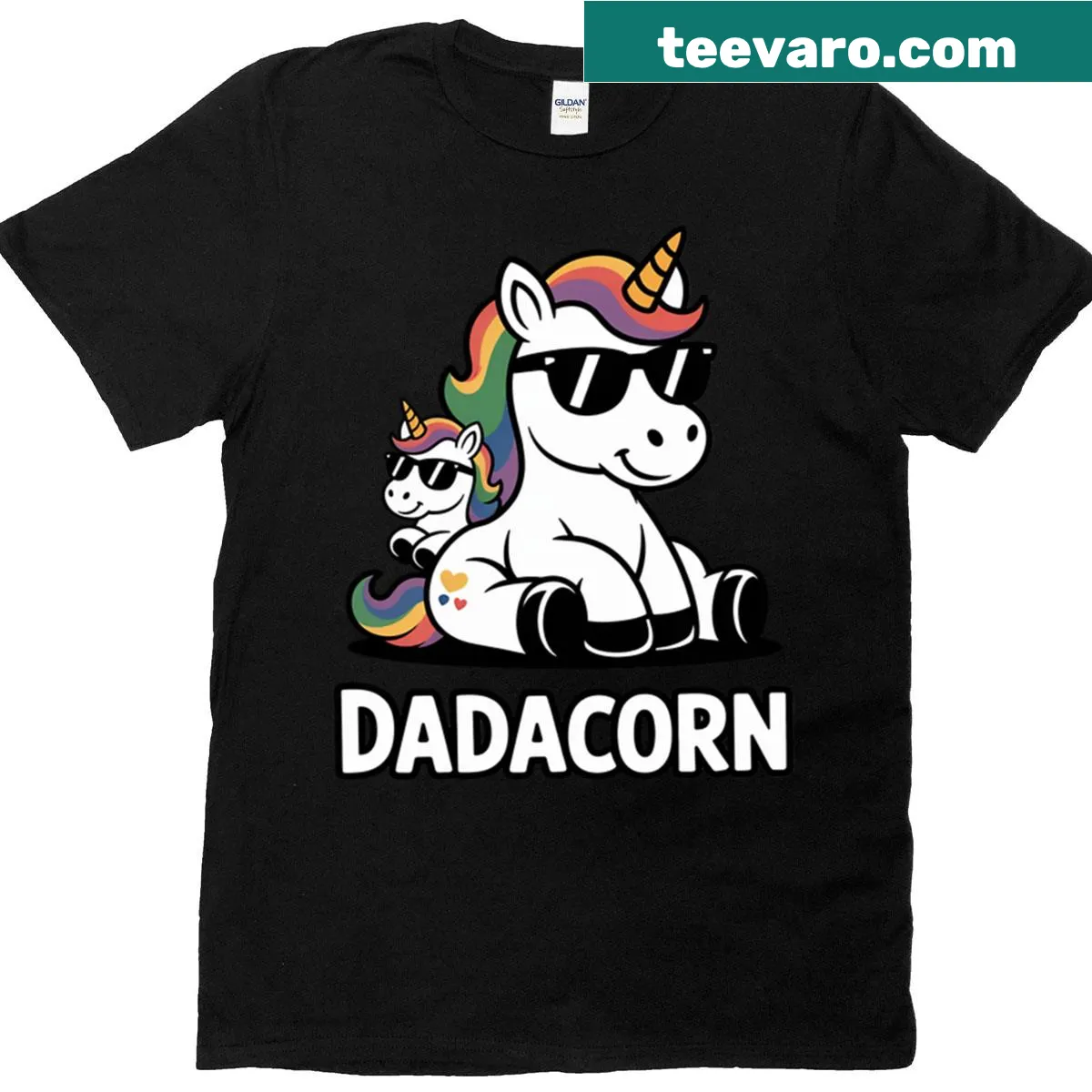 Line art of a Dadacorn with a baby unicorn for Father's Day t-shirt. — on a men's t-shirt