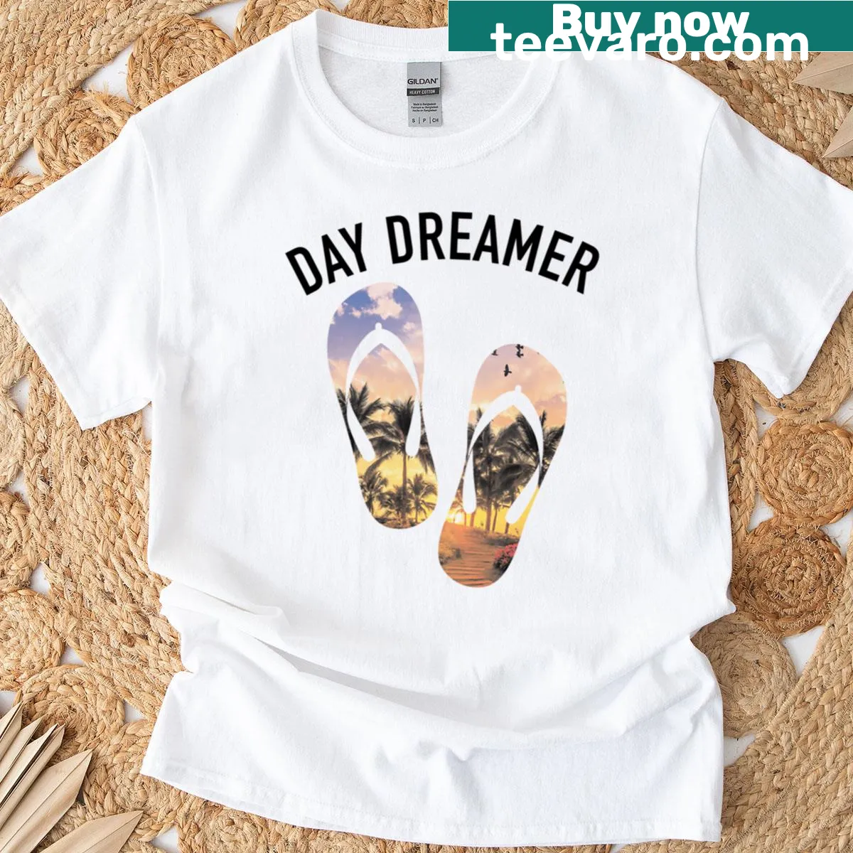 Tropical sunset illustration with sandals on a relaxed T-shirt — on a men's t-shirt